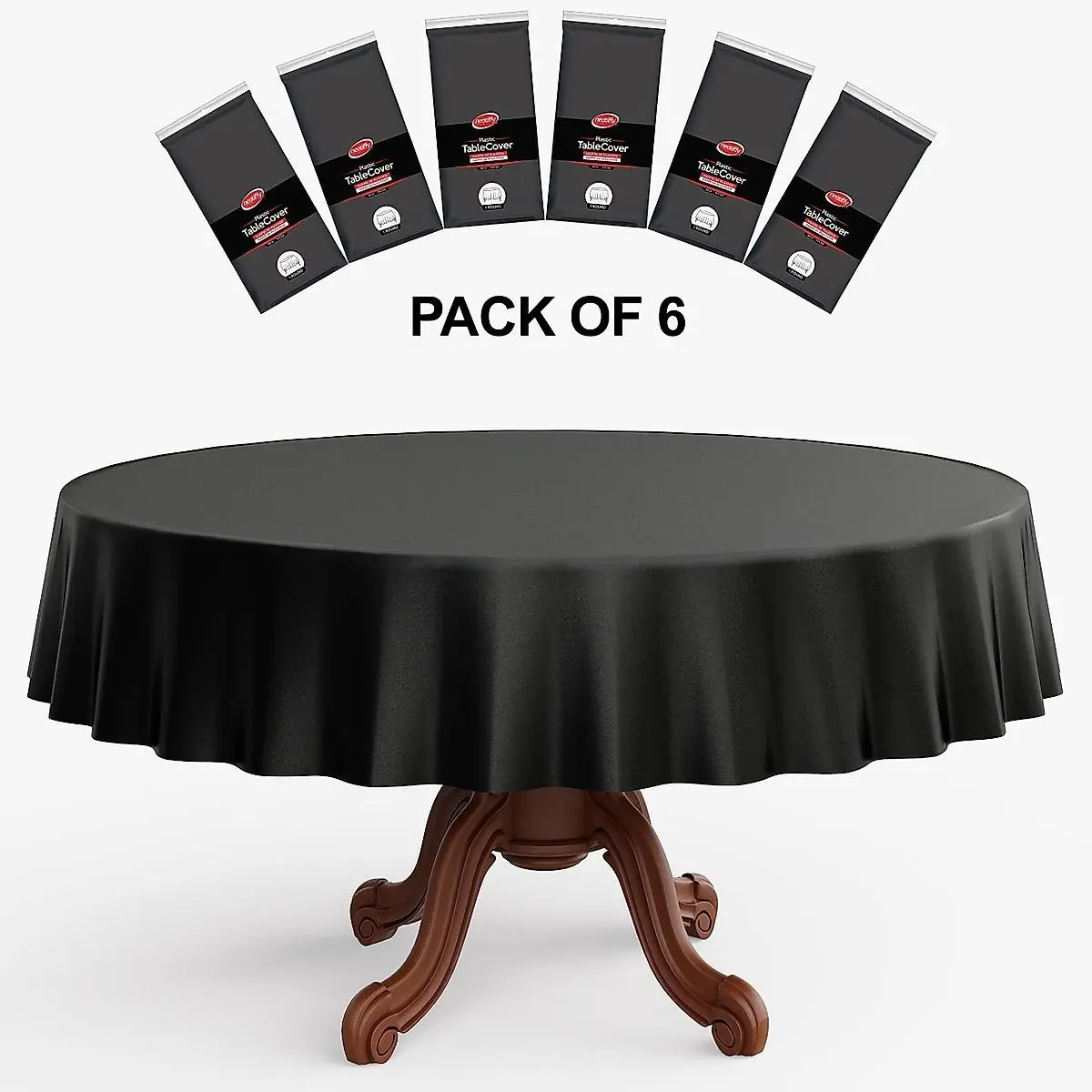 6Pack 84in Round Tablecloth Plastic Waterproof Disposable Reusable Black