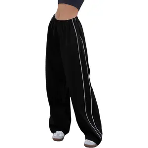 Women's Parachute Pants Baggy Track Y2K Black Elastic Waist Wide Leg Trousers