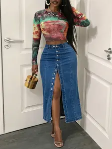 Summer Denim Midi Button Fly Skirt, Washed Blue High Waist Button Closure, Stretchy Fabric Slim Fit Plus Size Women's Long Skirt, Casual All Seasons