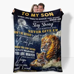 "To My Son" Flannel Bed Blanket​ with lion & cub design & heartfelt message.Super soft father son bed blanket​ for all-season comfort, decor, naps.