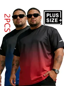 1XL-6XL, 2-piece set of plus size men's quick drying T-shirt, gradient breathable elastic short sleeved sports T-shirt with reflective cuffs, suitable for sports and running