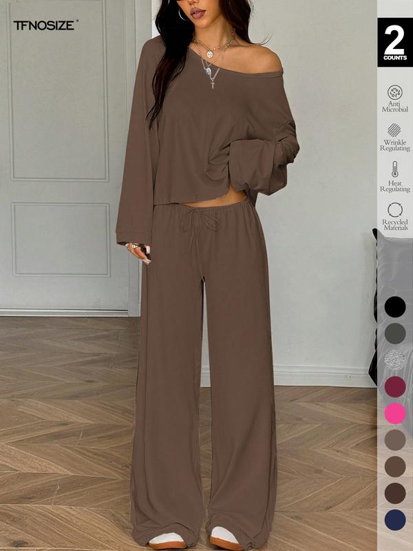2 Piece Set Women Sleepwear Loungewear, Elegant Simple Solid Color Loose Long Sleeve Thermal Top And Pants pajamas Set, Pjs For Autumn/Winter,All Season Fashion 2 Piece Set Women Sleepwear Loungewear, Elegant Simple Solid Color Loose Long Sleeve Thermal Top And Pants pajamas Set, Pjs For Autumn/Winter,All Season Fashion