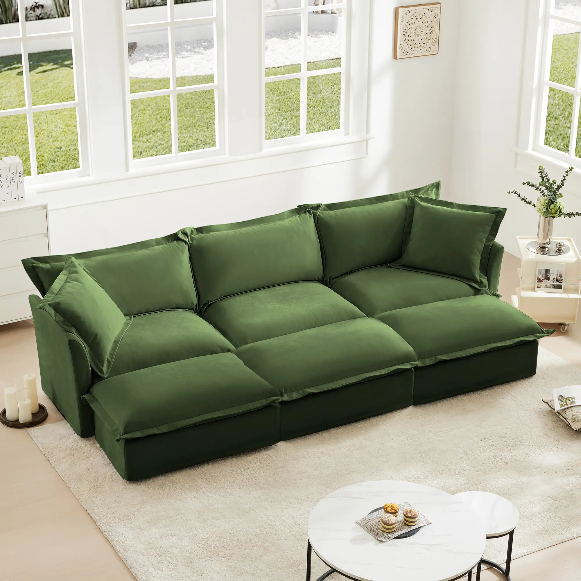 Oversized 3-Seat Sleeper Sofa Bed with 3 Ottomans, Slipcovered Living Room Sofa Set, Chenille Upholstered Couch with Pull Out Bed, Green Home Theater Seating for Family Room, Multiple Use, Living Room Furniture for Apartment, Lounge