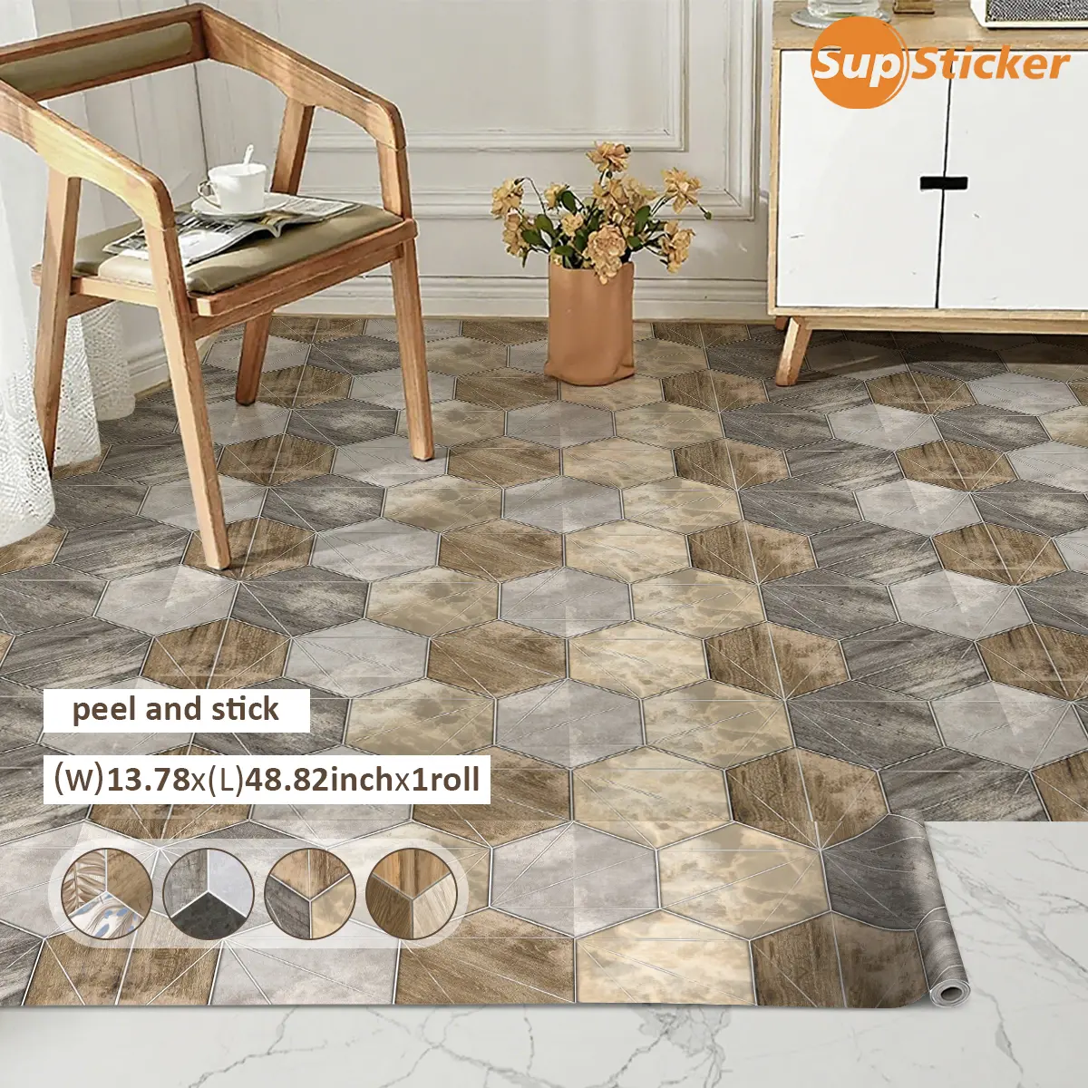 Wood-grain and stone-patterned color-blocked hexagonal floor tiles, self-adhesive peel-and-stick design, waterproof, wear-resistant, easy to clean, and DIY-friendly, ideal for bathroom, balcony, living room renovations, Flooring Peel And Stick Waterproof