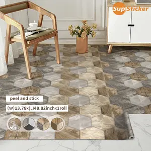 Wood-grain and stone-patterned color-blocked hexagonal floor tiles. Self-adhesive peel-and-stick design. Waterproof, wear-resistant, easy to clean, and DIY-friendly for cutting. Ideal for bathroom, shower, balcony, living room, and entryway renovations.