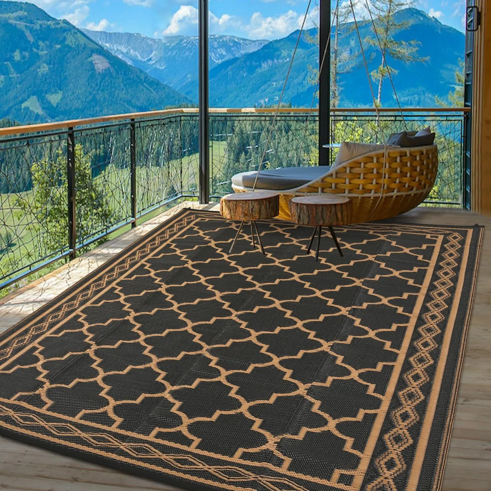 8x10 Outdoor Patio Rug, Large Waterproof Reversible Carpet for Deck Backyard Balcony, Plastic Straw RV Camping Mat Easy Clean,Black/Brown