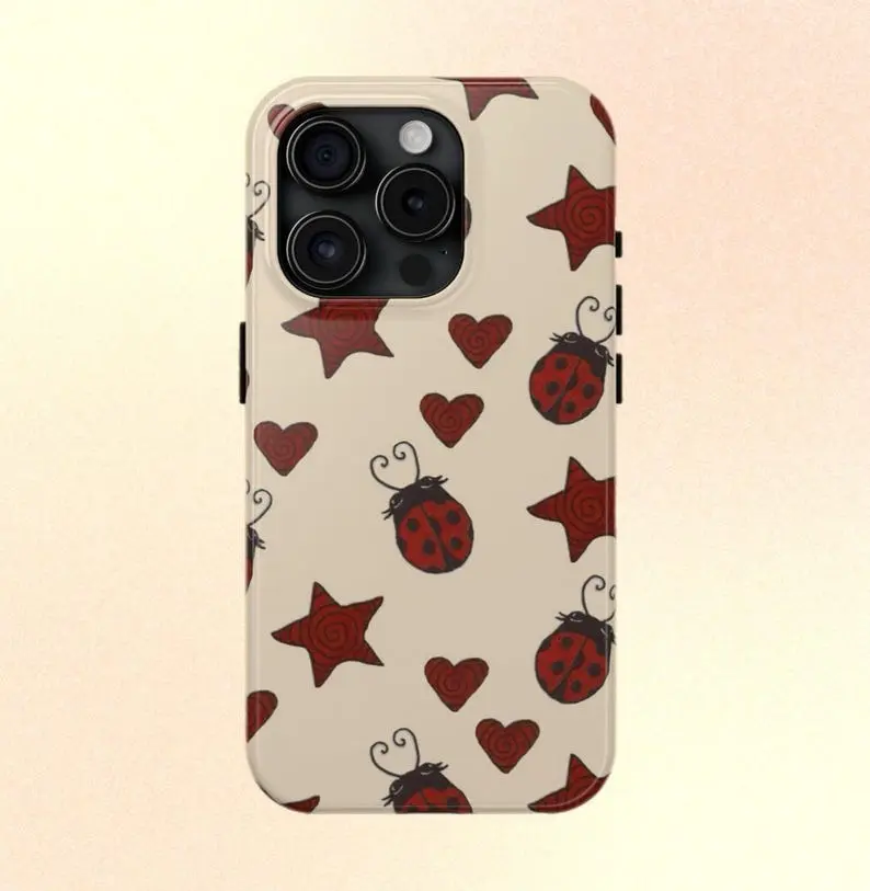 Red Ladybug Stars Hearts Yellow Phone Case Y2K Cute Bug Pattern Cool Girl MagSafe Case Phone - Case iP 17 16 15 14 13 12 11 X