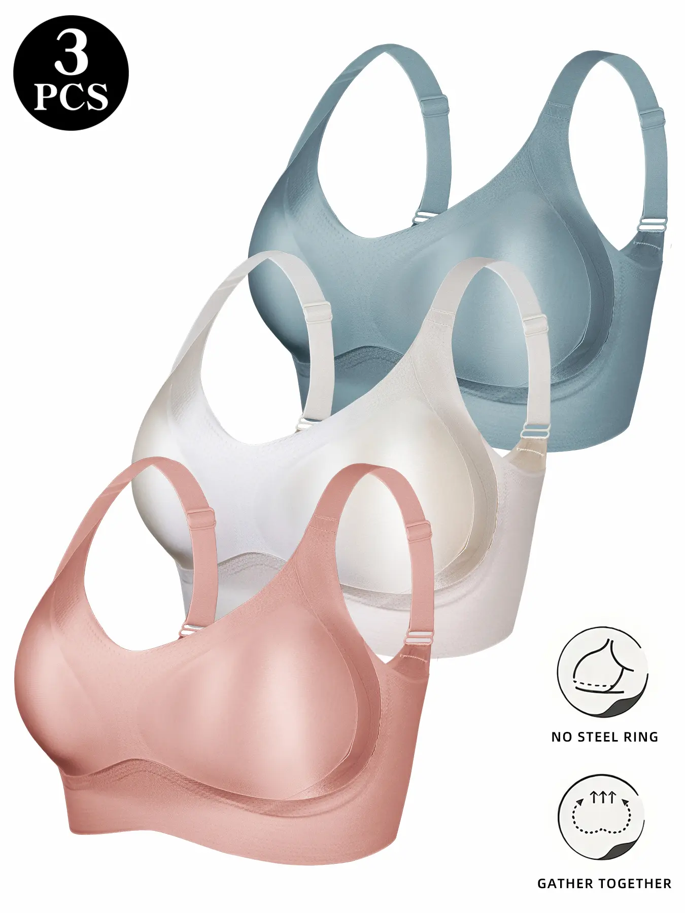 Women's Satin No-Wire Bra Set, Comfortable Breathable Seamless Fit Push-Up Bras, Glossy Laser Finish Smooth, Elegant Chic Soft All-Season Underwear, Cleavage Sculpt Bra, No Underwire Bra, 3 Pieces Bra Pack, Buckle
