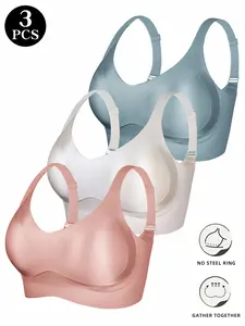 Women's Satin No-Wire Bra Set, Comfortable Breathable Seamless Fit Push-Up Bras, Glossy Laser Finish Smooth, Elegant Chic Soft All-Season Underwear, Cleavage Sculpt Bra, No Underwire Bra, 3 Pieces Bra Pack, Buckle