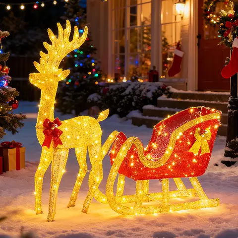 Sweetcrispy 4 FT Pre-Lit Christmas Reindeer & Santa Sleigh Set, Festive Fabric Outdoor Indoor Yard Decoration with 180 LED Lights, Outdoor Christmas Garden Display, White-Red