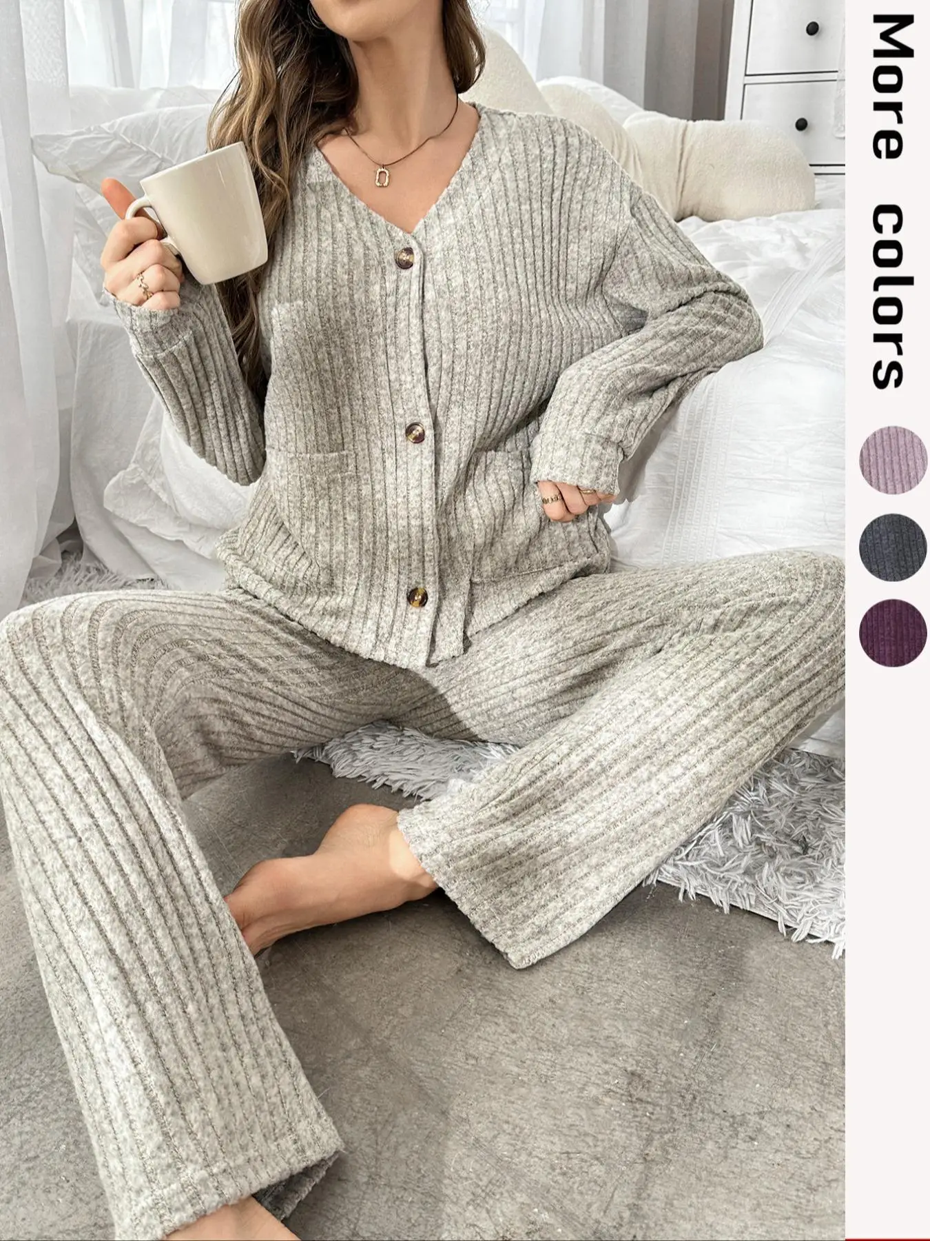 Women's Solid Drop Shoulder Pocket Top & Pants Pyjama Two-piece Set, Casual Comfy Long Sleeve Top & Trousers Pj Set, Women's Sleepwear for Spring & Fa