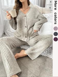 women's drop shoulder pocket top & pants pyjama two-piece set, women nightwear for birthday gifts, casual comfy long sleeve top & trousers pj set for spring & fall, pajama sets women, fallfreshness, sleep sets, loungesetwomen