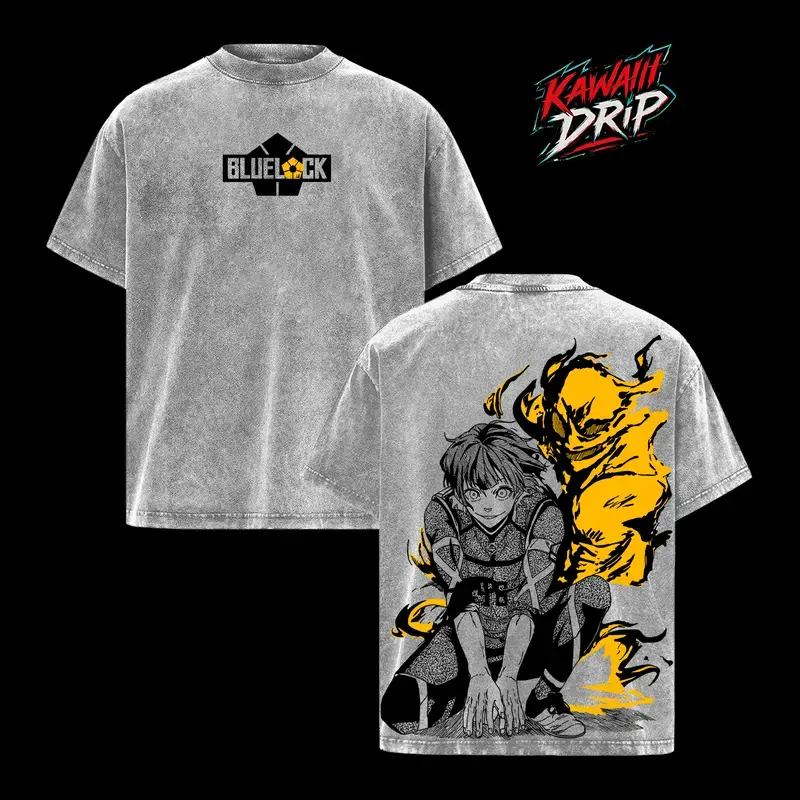 Blue Lock - Bachira Meguru Monster Mode Vintage Washed Oversized T-Shirt, Anime Graphic Tee Design, Yellow Aura Art Style, Unisex Apparel Classic Soft Clothes, Streetwear Menswear Women Gift For Anime Fans