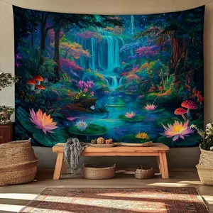 Colorful Forest Waterfall Lotus Pond Mushroom Night Scene Wall Hanging Decor, Home Living Room Art Background Cloth Large Wall Tapestry