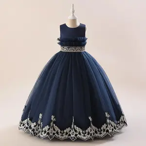 Kids Clothes Princess Embroidered Navy Blue Long Ball Gown Frock 385 Children Formal Evening Party Pageant Prom Host Cocktail Dress Flower Girls 4-14Y