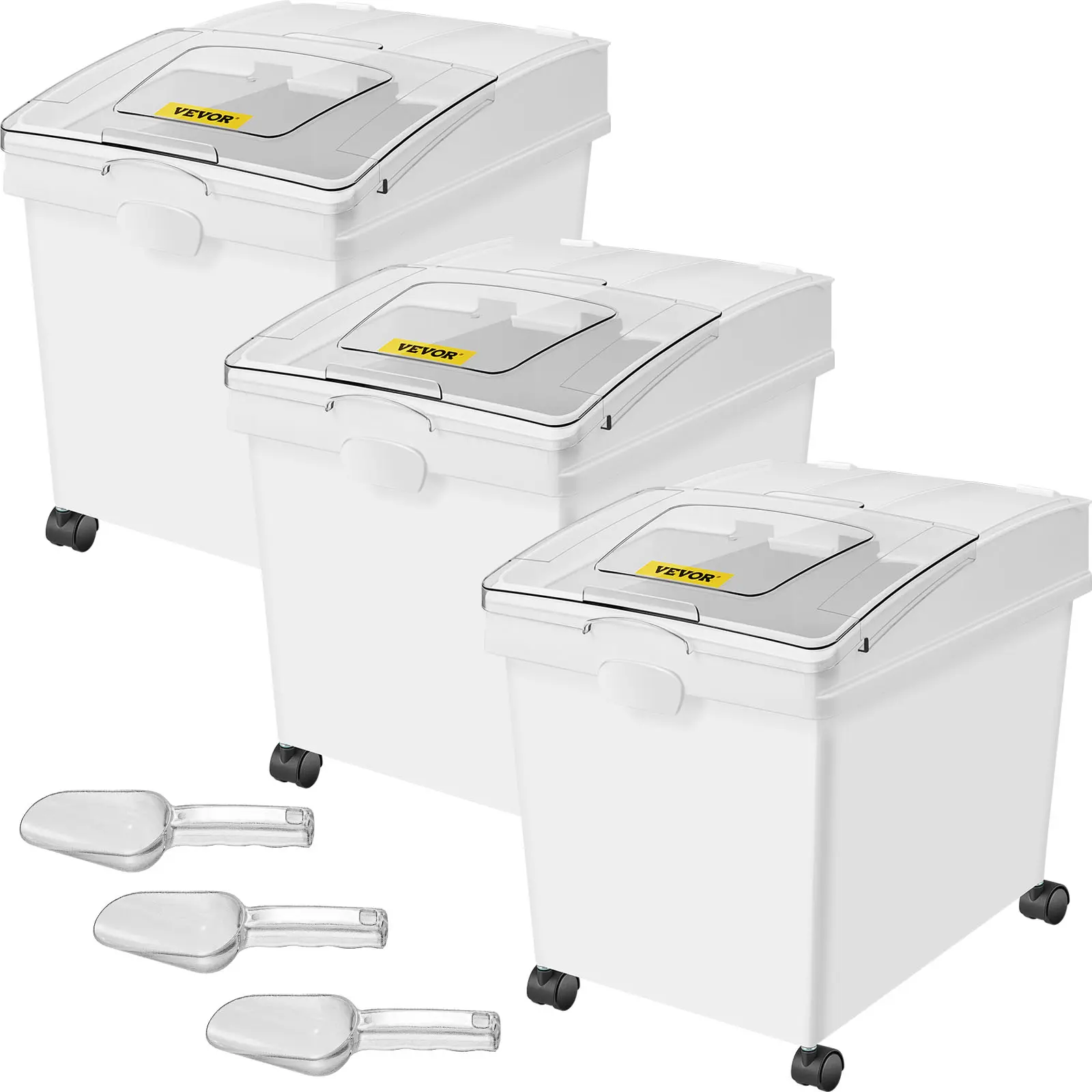 【BackToSchool】VEVOR Ingredient Bin, 10.5 Gallons Capacity Ingredient Storage Bin, PP Material Flour Bins On Wheels, White Shelf Ingredient Bin with Scoop and Sliding Lid, Commercial Storage Bins 3 Pcs/Set Boxes Kitchen