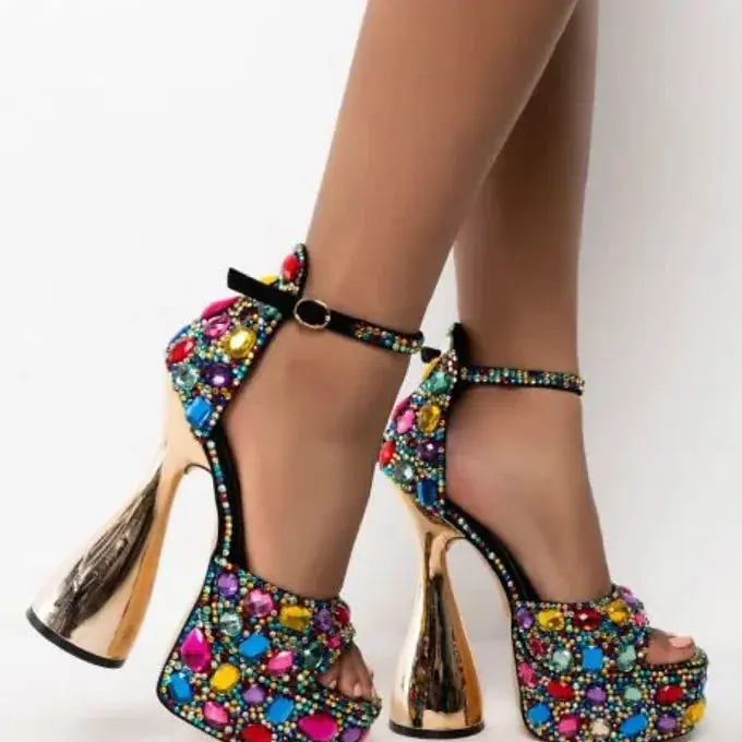 Women's Chunky-Strap Bedazzled Heeled Sandals - Multi-Color Women's Heels for Formal & Casual Occasions