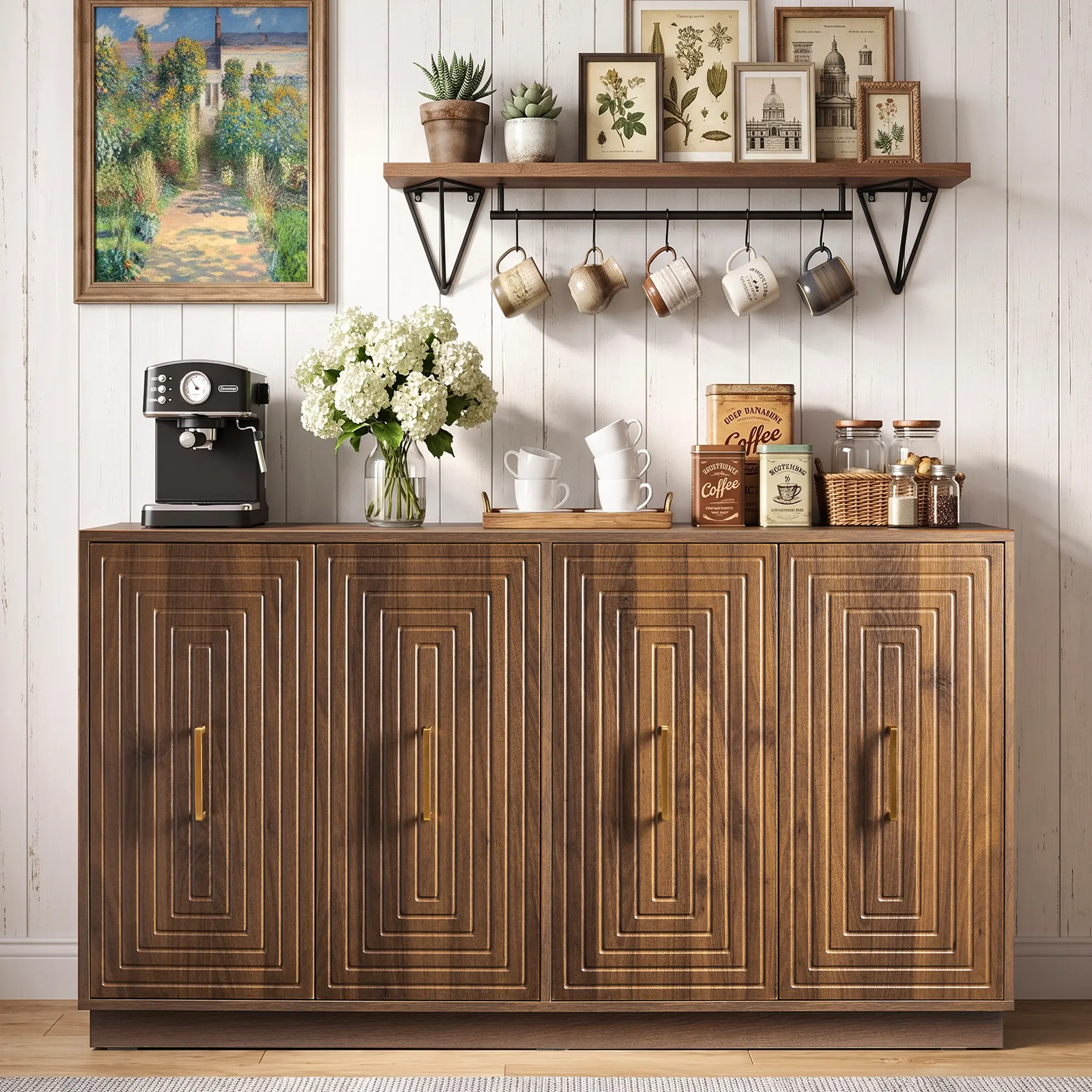 RoyalCraft 55" Large Buffet Cabinet with Storage, Modern Fluted Sideboard with Doors and Adjustable Shelves, Wood Credenzas Console Coffee Bar Cabinet for Kitchen, Living Room, Black/Brown