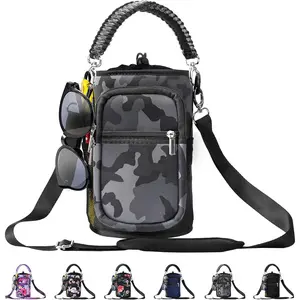40oz Water Bottle Carrier Bag, Neoprene Water Bottle Sleeve with 4 Pocket, Sport Water Holder with Paracord Handle and Shoulder Strap for Walking Hiking Camping Gym