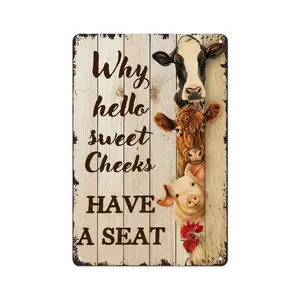 Funny Farm Animals Why Hello Sweet Cheeks Have A Seat Bathroom Poster 8x12inch Aluminum Sign for Farmhouse Decor & Bathroom Wall Art Decorative Artistic