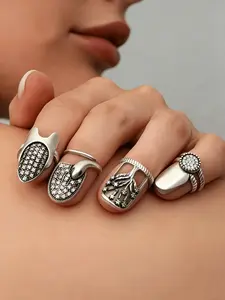 4 Pcs Bohemian Vintage Nail Rings, Halloween Open Ring, Adjustable Fit, Perfect for Daily Wear, Parties, Valentine's Gift, Elegant Manicure Decor