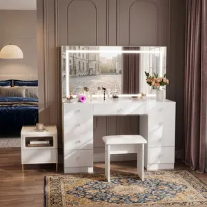 Women's 47.2" Sturdy Full-Size Makeup Vanity Desk Set - Illuminated LED Mirror with 3 Color Modes, Adjustable High-Brightness Dimmer, 9-Drawer Storage, Power Outlet, Soft Stool, Bedroom Furniture Gift for Mothers, Girlfriends, Daughters