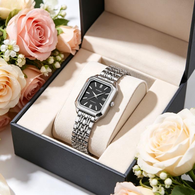 Silver-Tone Petite Rectangle Watch | Sleek Black Dial for Quiet Luxury Lovers