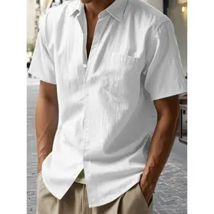 Men's Linen Solid Color Button-Up Short Sleeve Shirt for Summer, Breathable & Comfortable Casual Beach Style, Versatile Relaxed Fit for Active Lifestyles