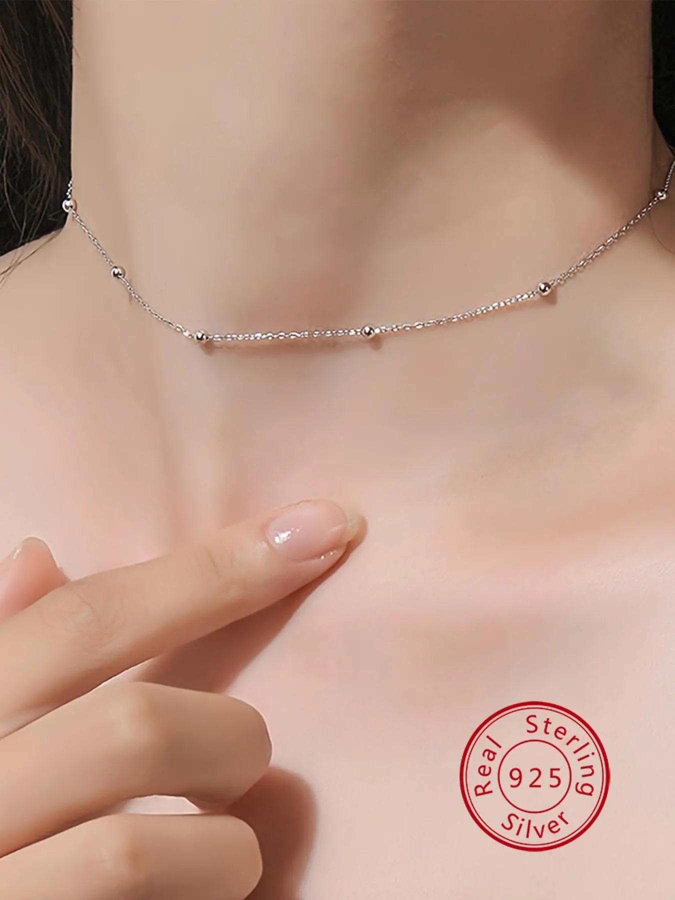 925 Sterling Silver Women's Elegant Beaded Decor Necklace, Exquisite Trendy Necklace, Minimalist Chain Necklace, Dainty Necklaces, Wonderful Necklace, Chic Jewelry for Party & Daily Clothing Decor, Decorative Necklace