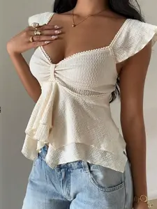 SHEIN EZwear Women's Solid Color Textured Knit Double-Layer Ruffled Hem Sweetheart Neck Cap Sleeve Elegant T-Shirt, Suitable For Daily Street Wear