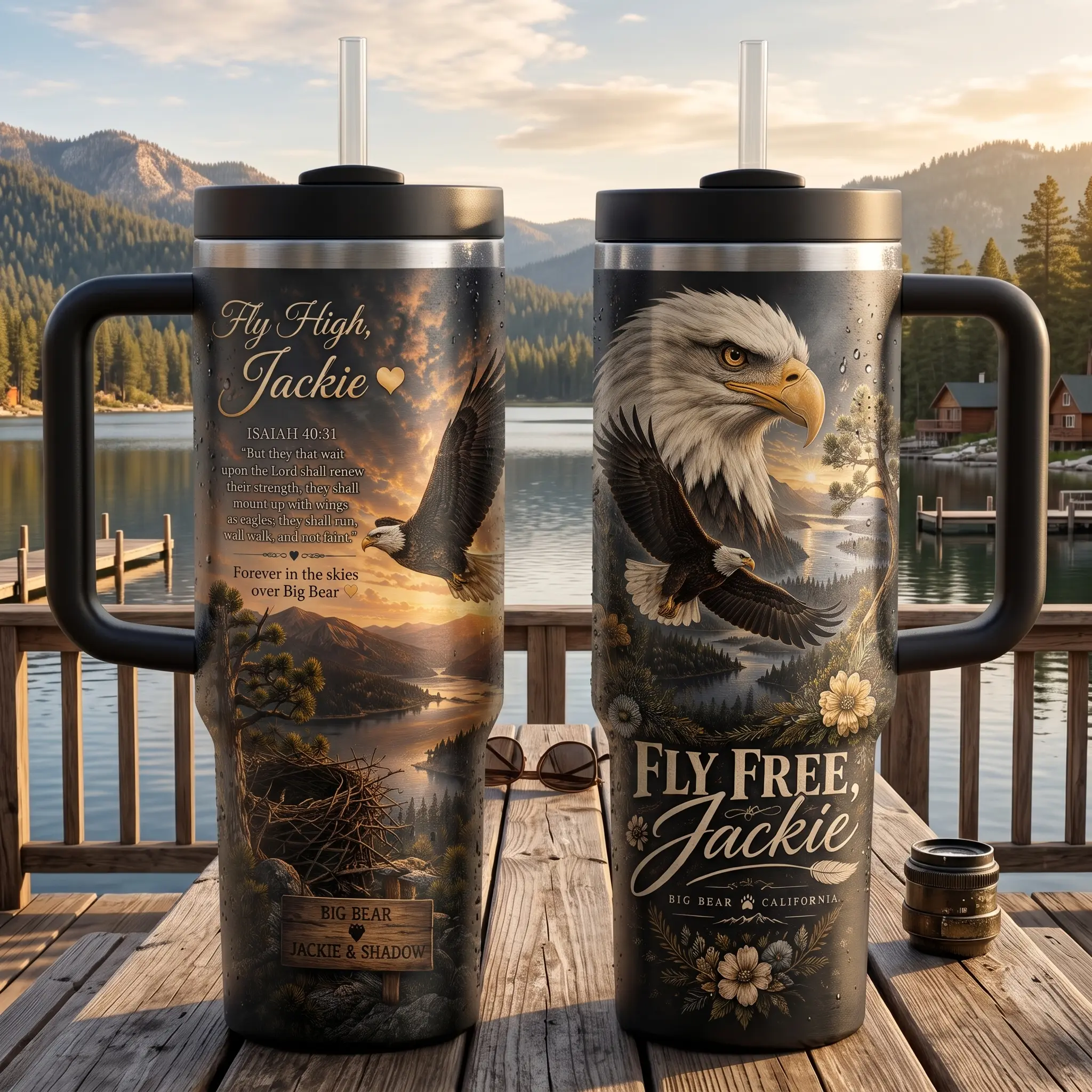 Fly Free Jackie Memorial 40oz 30oz 20oz Tumbler, Bald Eagle Remembrance Cup, Big Bear California Tribute, Sympathy Gift, In Loving Memory Travel Mug