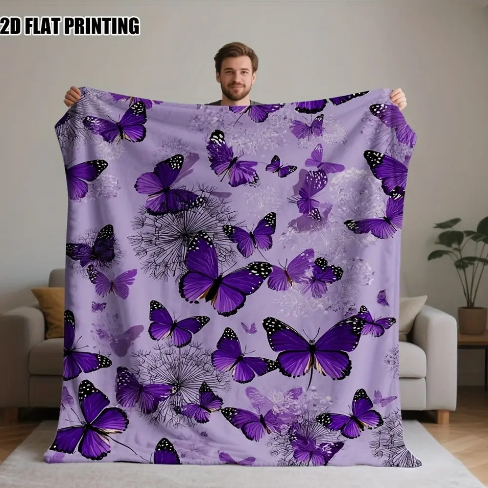1pc 2D Flat-Printed Purple Butterfly Meadow Blanket - 100% Polyester Fibers, Warm Cozy, Fade-Resistant, Home/Room/House Whimsical Home Decor, Thanksgiving Gift for Beds, Sofas