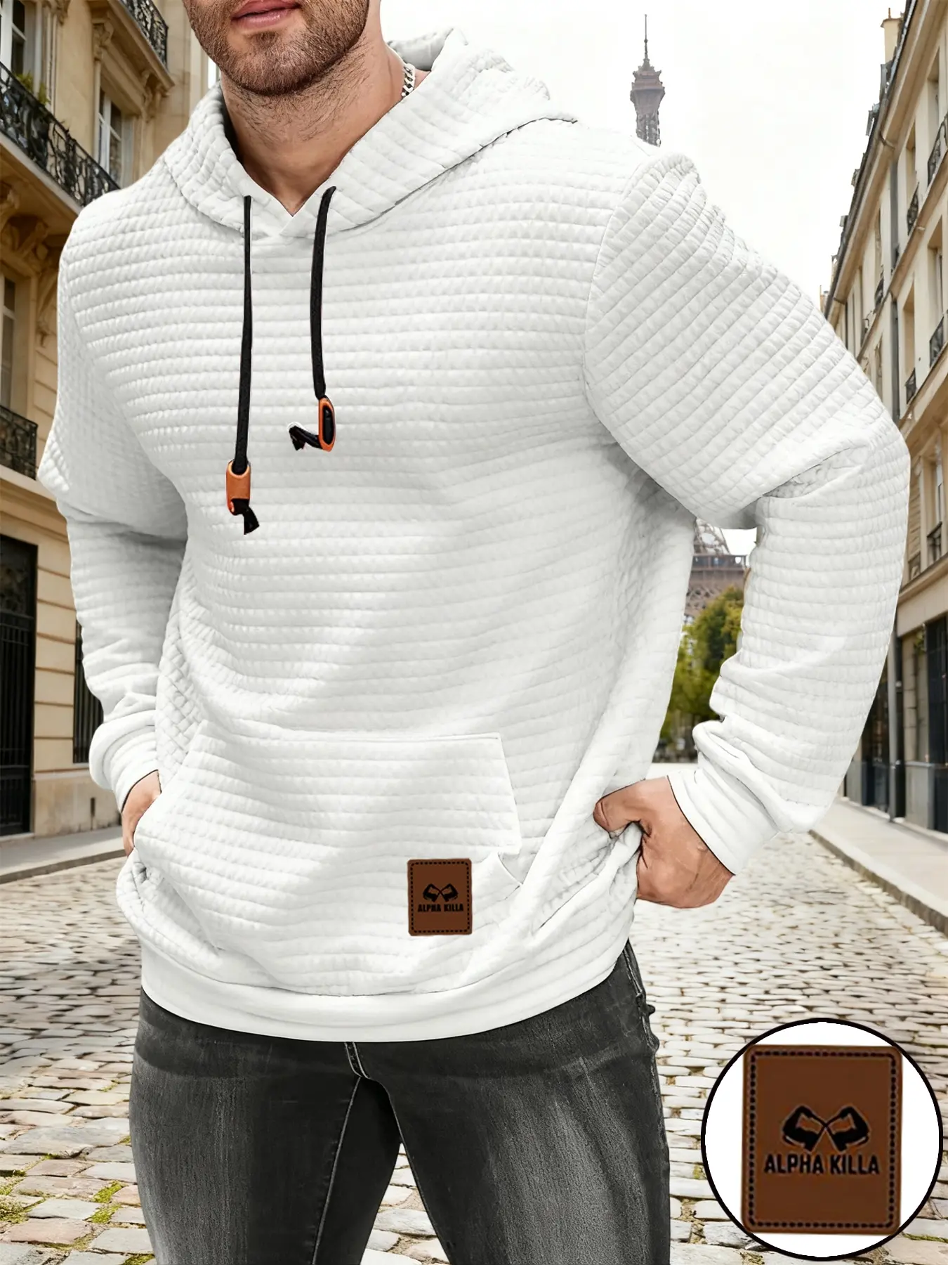 Men's Waffle Knit Pullover Hoodie with Letter Print, Aesthetic Casual Fitted Silhouette Long Sleeve Drawstring Pocket Heavyweight Streetwear Sweatshirt, Fall & Winter Daily Commute Wear