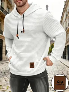 Men's Waffle Knit Pullover Hoodie with Letter Print, Casual Fitted Long Sleeve Drawstring Pocket Sweatshirt, Fall & Winter Daily Commute Wear
