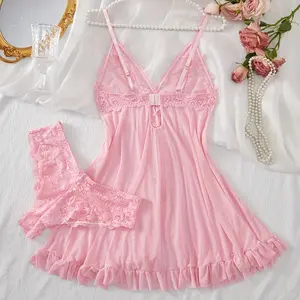 Ladies' Sexy Ruffle Trim Cami Nightdress & Bow Decor Panty Set, Comfortable Playful Floral Lace See Through Sleepwear Set, Lingerie