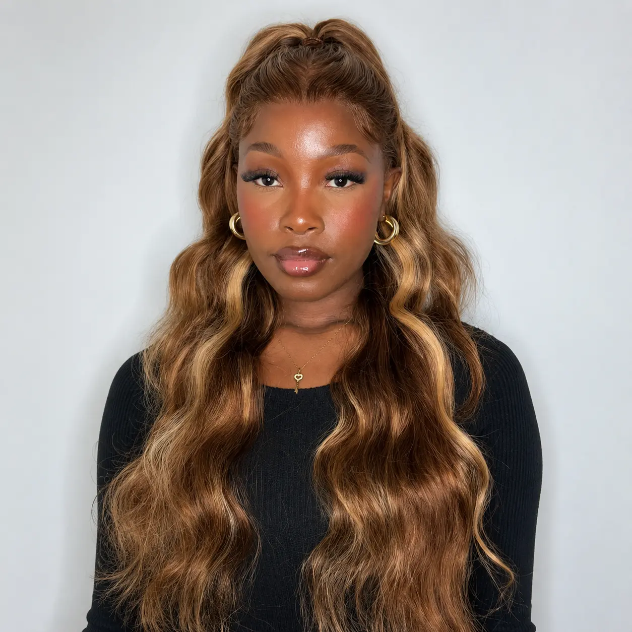 Anyweek Honey Blonde Ombre Lace Front Wig Human Hair Highlight Body Wave 13x6 Lace Front Wigs Pre Plucked Glueless HD Lace Frontal Wig for Women 4/27 Colored summerwins