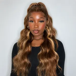 Anyweek Honey Blonde Ombre Lace Front Wig Human Hair Highlight Body Wave 13x6 Lace Front Wigs Pre Plucked Glueless HD Lace Frontal Wig for Women 4/27 Colored summerwins