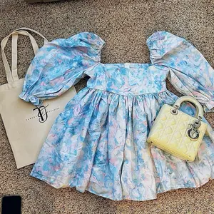 Premium Baby Blue Floral Print Ball Gown Dress
