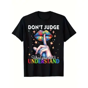 "Don't Judge What You Don't Understand" Autism Awareness Funny Graphic T-Shirt for Men & Women, Black Casual Short Sleeve with Colorful Puzzle Lips Design, Breathable Elastic Cotton, Regular Fit, Machine Washable, 2026 Summer Tee