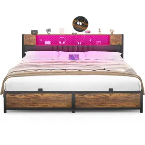 Homieasy King Size Bed Frame with Storage Headboard and Charging Station, Cool Pretty Bed Frame with LED Lights, Modern Smart Bed, Rustic Bed