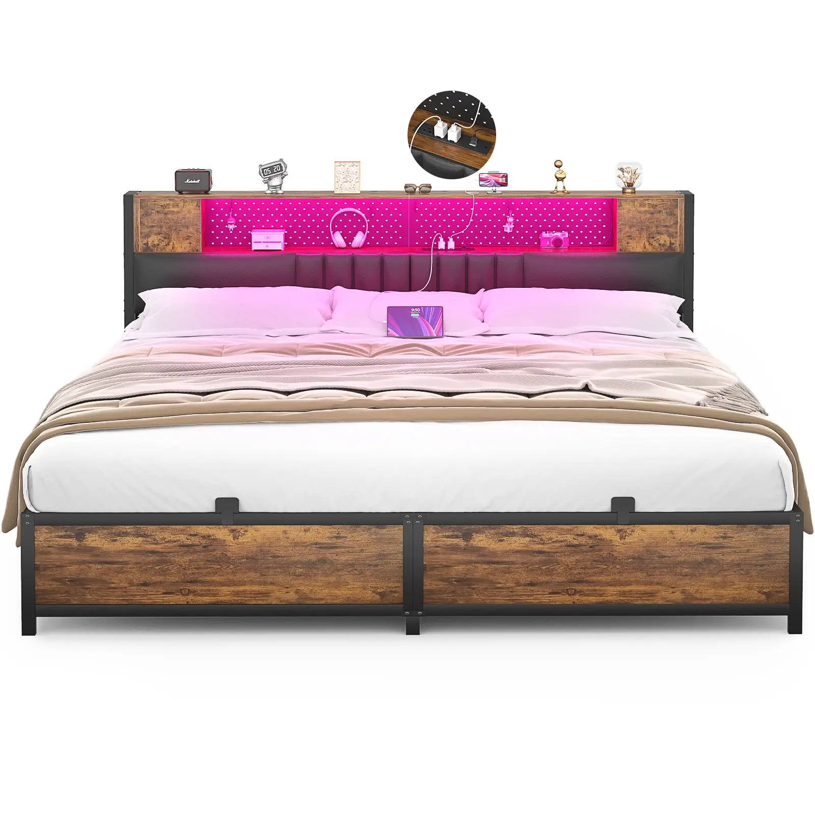 Homieasy King Size Bed Frame with Storage Headboard and Charging Station, Cool Pretty Bed Frame with LED Lights, Modern Smart Bed, Rustic Bed