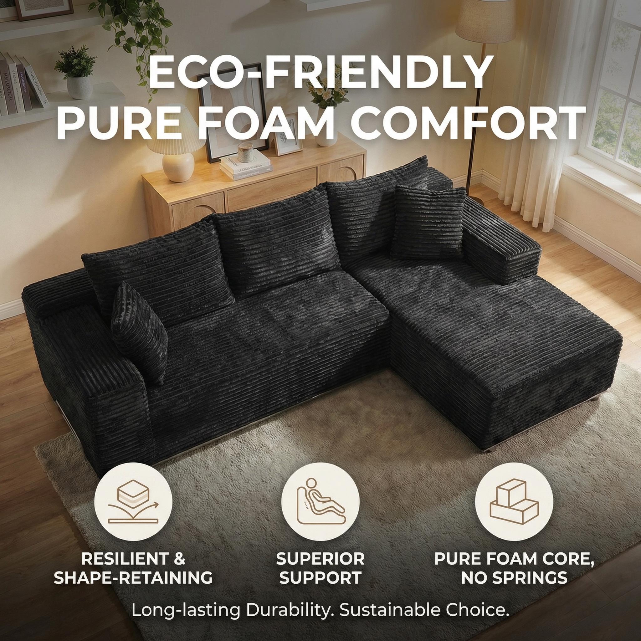 [3 Packages Shipping] Upgraded Elevated L-Shaped Sofa with Metal Iron Frame 105" Boneless Sectional Cloud Couch Corduroy Velvet Modular with Chaise No Assembly Required Living Room Furniture