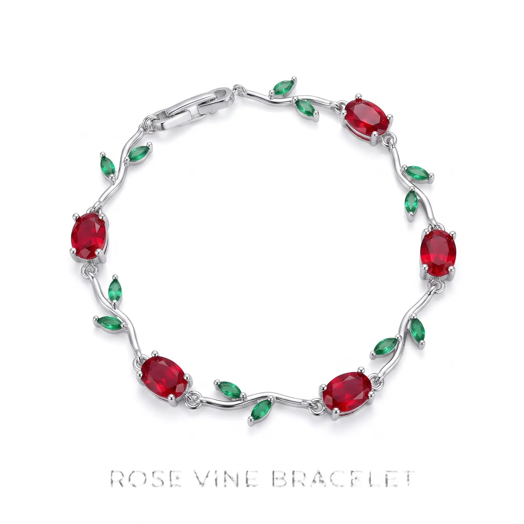 Rose Vine Bracelet with Red and Green Gemstones in Silver Tone
