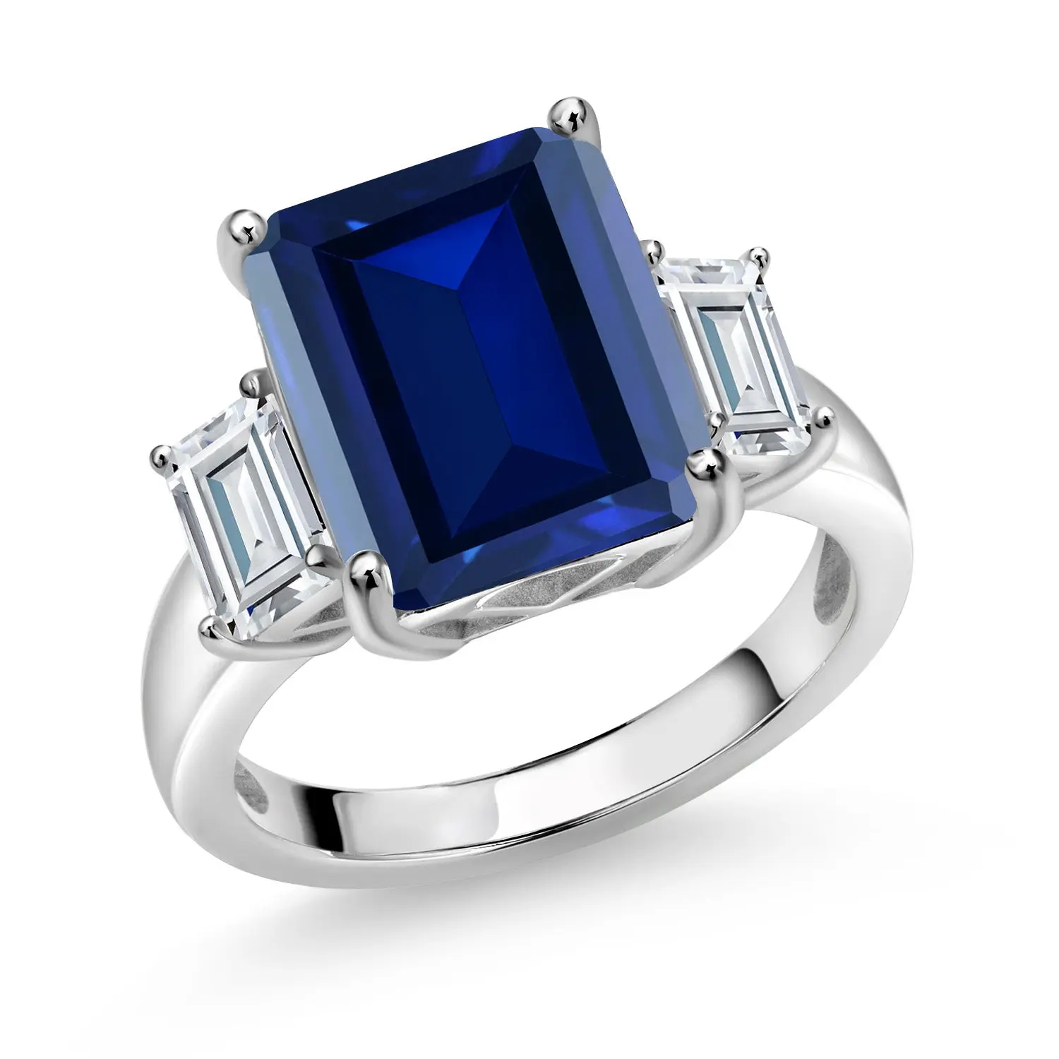 Gem Stone King 7.84 Cttw Blue Simulated Sapphire and White Moissanite 3-Stone Ring For Women | 925 Sterling Silver | Three Stone Wedding Engagement Anniversary Promise Ring For Women