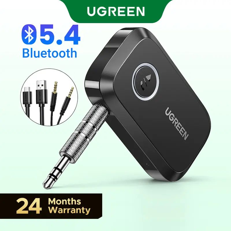 UGREEN Bluetooth 5.4 Car Adapter, Hands-Free Call & Noise Cancelling AUX to Bluetooth Adapter for Car, 3.5mm Audio Blue-Tooth Receiver for Cars Stereo Home Speaker - 15H Battery Life ,Summer Sale