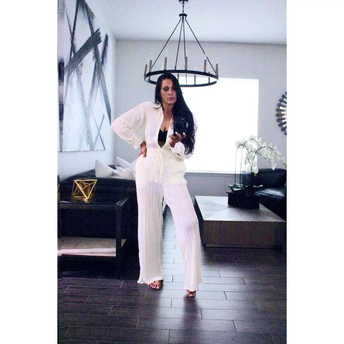 Audrina Pleated Plisse Pant Set - Cream