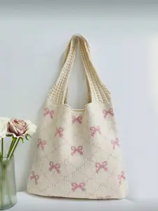 Women's Mini Large Capacity Bow Decor Knitted Shopping Tote Bag, Casual Handbag and Travel Bag, Cute Butterfly Knot Bag, Knit Bag With Bow