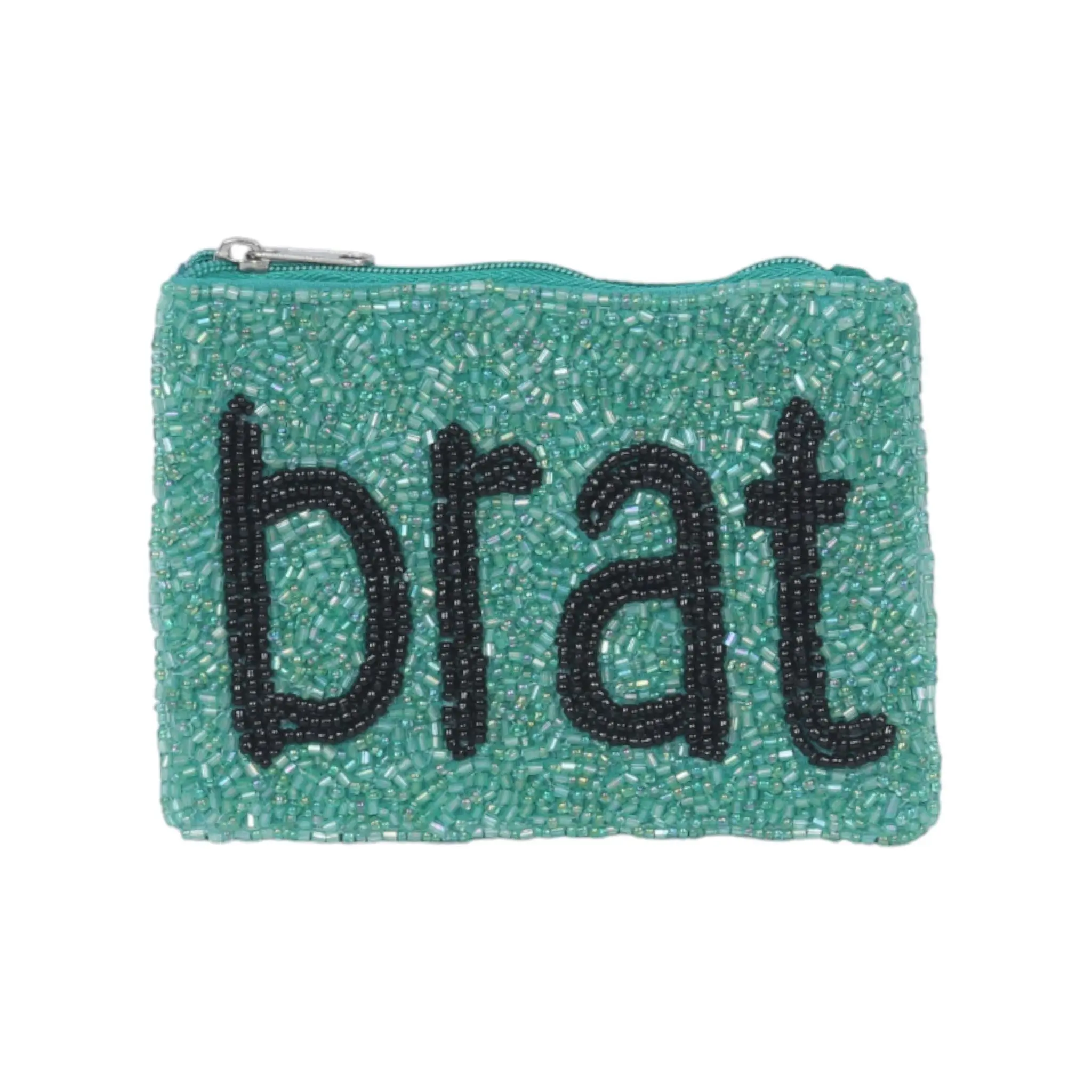 Women's Novelty Beaded Coin Purse, Super Mini Individual Pouch with "BRAT" Text, Zip Top Closure and Tassel, Wallets For Women, Individual Pouch Women's Wallets