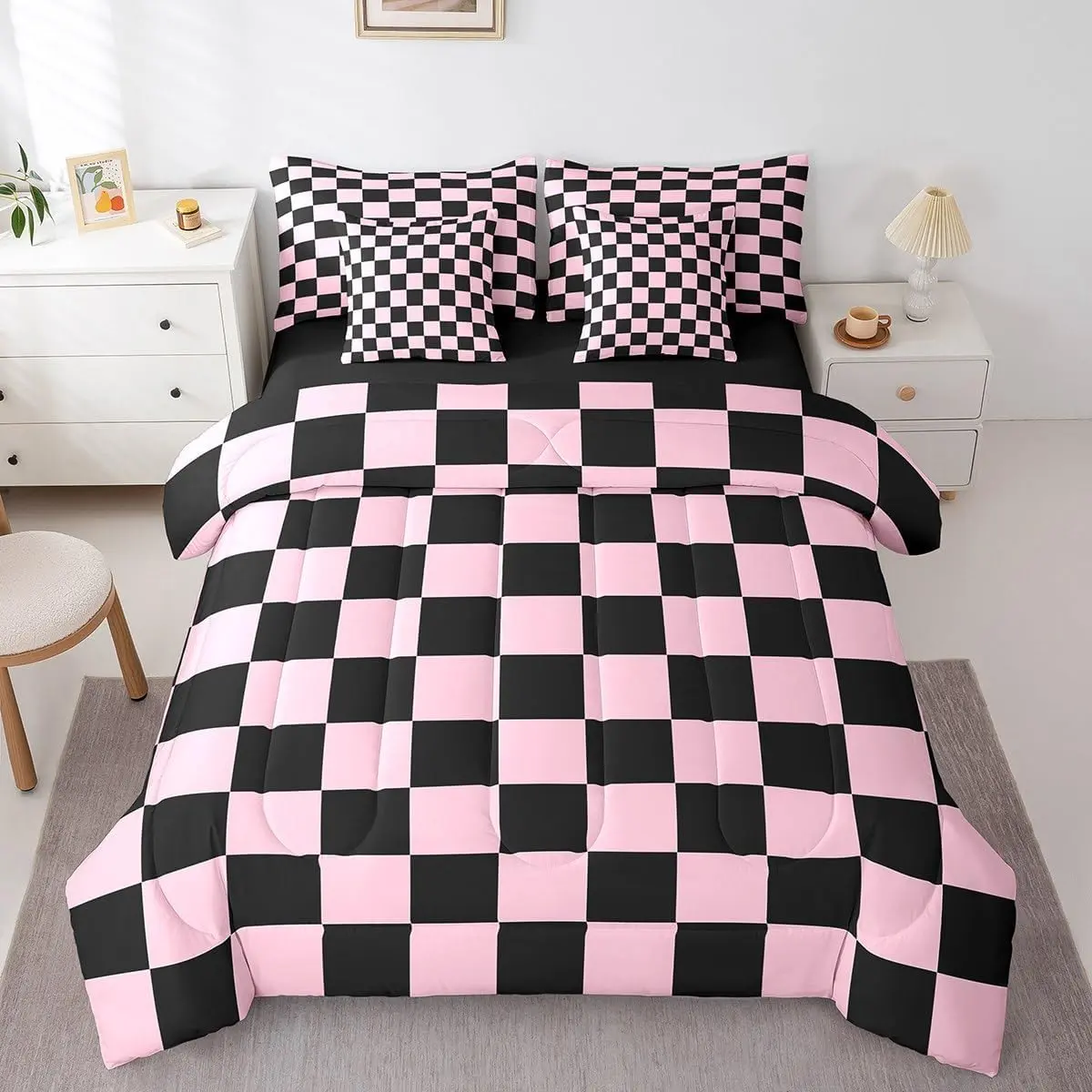 Checkered 7 Piece Bedding Set Pink Black Plaid Comforter Set with Sheets Cute Retro Neutral Checkerboard Geometric Bed in a Bag Vintage Aesthetic Room Decor