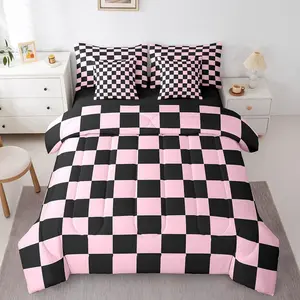 Checkered 7 Piece Bedding Set Pink Black Plaid Comforter Set with Sheets Cute Retro Neutral Checkerboard Geometric Bed in a Bag Vintage Aesthetic Room Decor